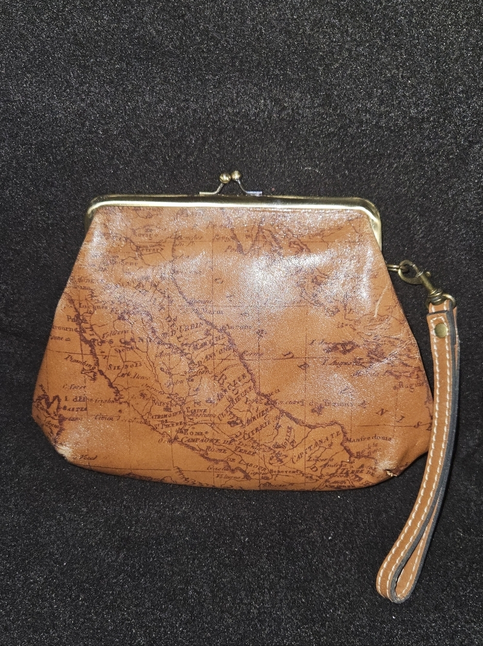 Patricia Nash Sevena Tan Wristlet w/Vintage European Map-Print, Kisslock Closure